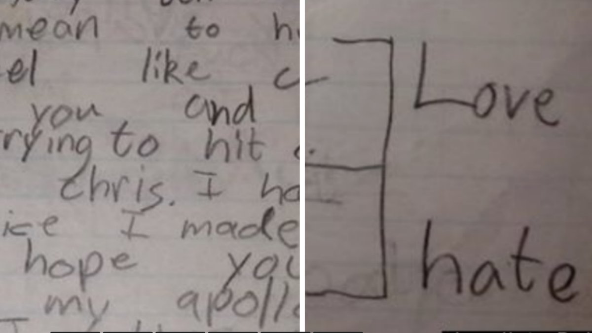"I love you and I was trying to hit Chris". Är åttaåringen lite för ärlig i sitt förlåt-brev? 